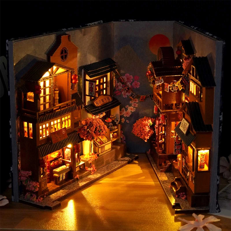 Diy Book Nook Doll House Miniature Wooden Bookshelf Shelf Insert Miniatures Home Model Toys With Furniture LED Light Dollhouse