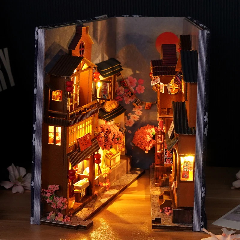Diy Book Nook Doll House Miniature Wooden Bookshelf Shelf Insert Miniatures Home Model Toys With Furniture LED Light Dollhouse