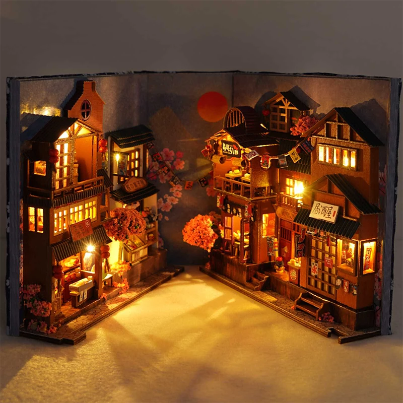 Diy Book Nook Doll House Miniature Wooden Bookshelf Shelf Insert Miniatures Home Model Toys With Furniture LED Light Dollhouse
