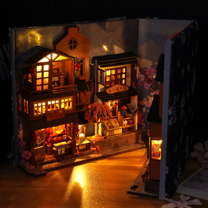 Diy Book Nook Doll House Miniature Wooden Bookshelf Shelf Insert Miniatures Home Model Toys With Furniture LED Light Dollhouse