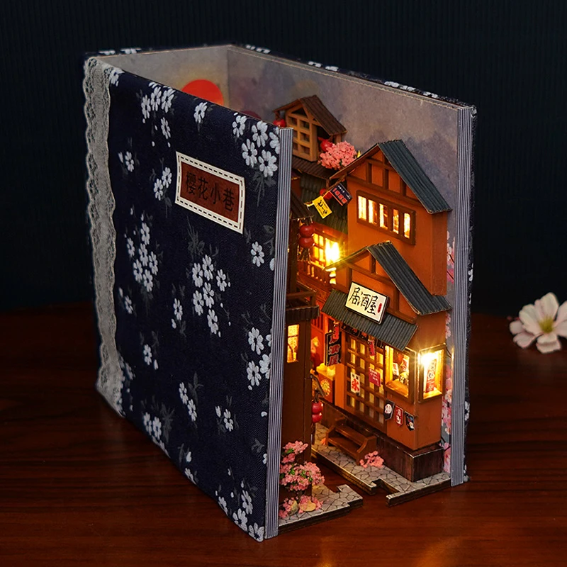Diy Book Nook Doll House Miniature Wooden Bookshelf Shelf Insert Miniatures Home Model Toys With Furniture LED Light Dollhouse
