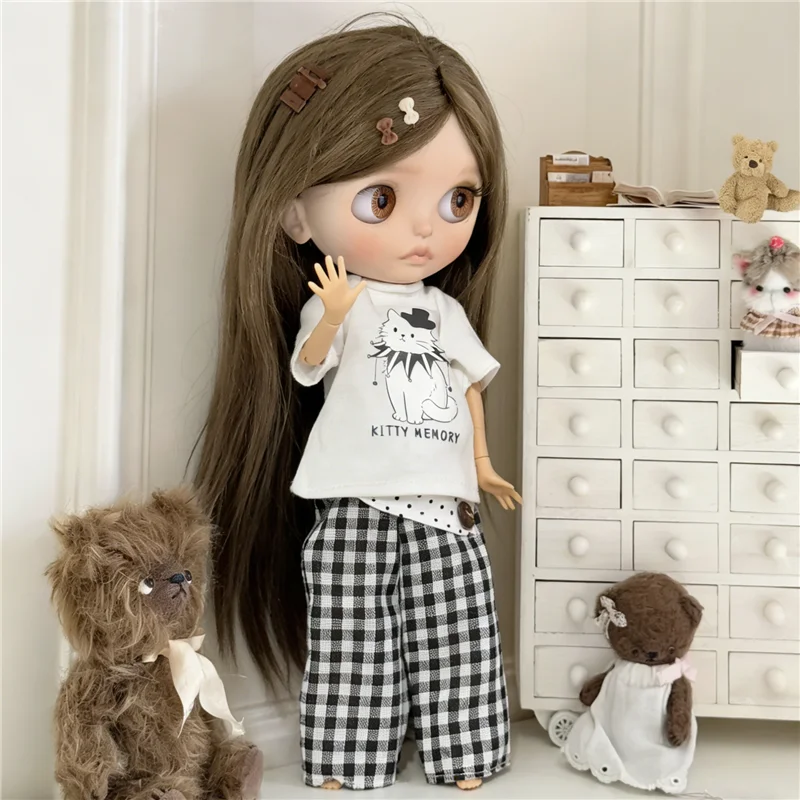 For Blythe Doll Clothes Princess Lace Maid Skirt Set Cartoon Cat Plaid Pants Vintage Dress Clothing OB24 OB22 1/6 Accessories