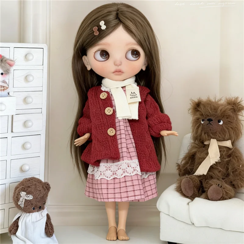 For Blythe Doll Clothes Princess Lace Maid Skirt Set Cartoon Cat Plaid Pants Vintage Dress Clothing OB24 OB22 1/6 Accessories