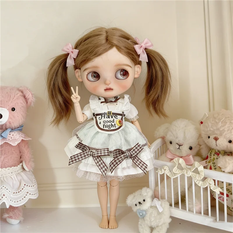 For Blythe Doll Clothes Princess Lace Maid Skirt Set Cartoon Cat Plaid Pants Vintage Dress Clothing OB24 OB22 1/6 Accessories