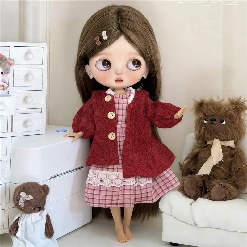 For Blythe Doll Clothes Princess Lace Maid Skirt Set Cartoon Cat Plaid Pants Vintage Dress Clothing OB24 OB22 1/6 Accessories