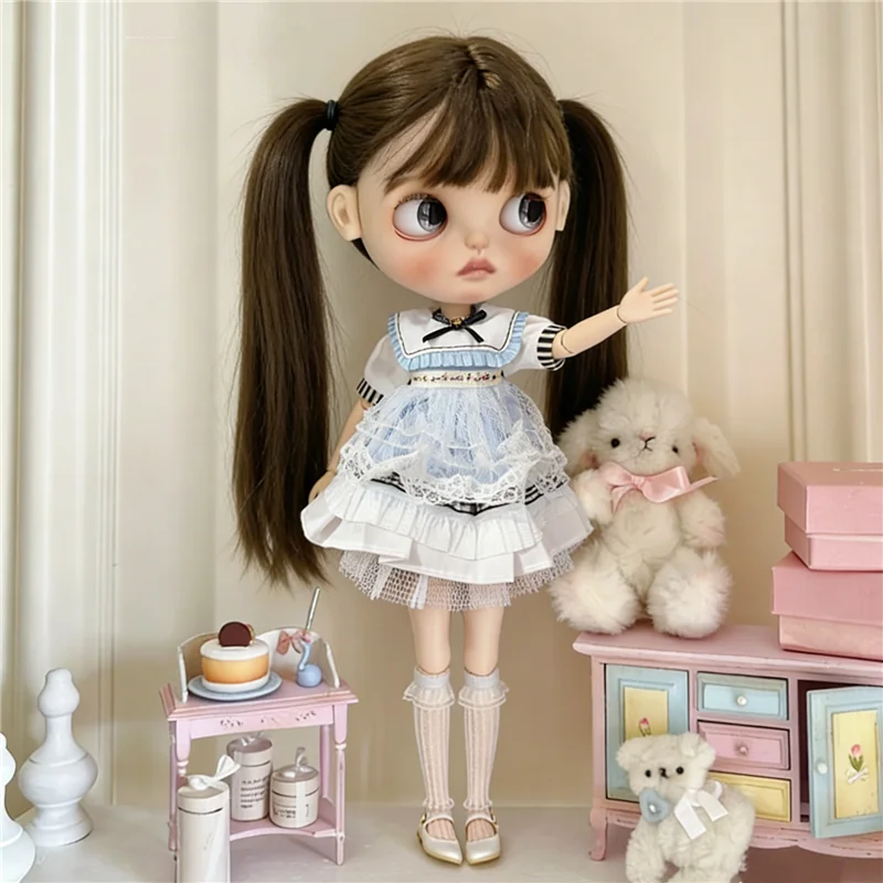 For Blythe Doll Clothes Princess Lace Maid Skirt Set Cartoon Cat Plaid Pants Vintage Dress Clothing OB24 OB22 1/6 Accessories