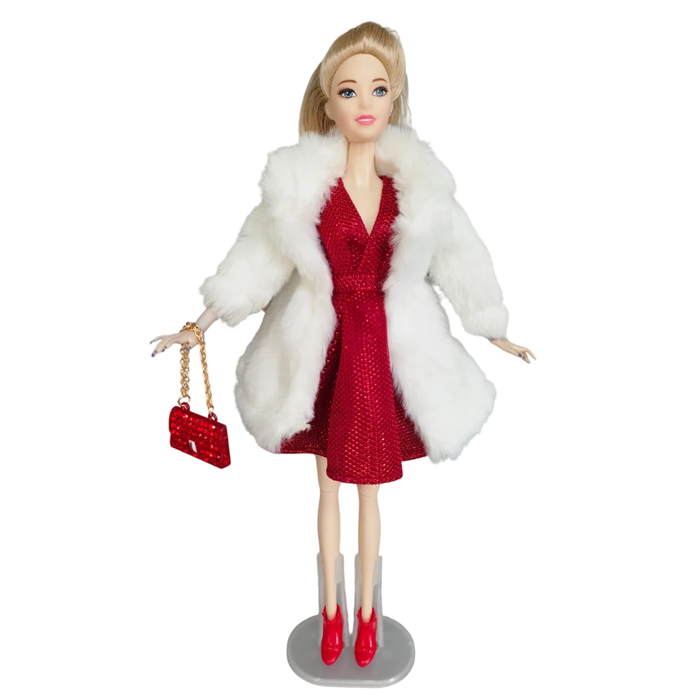27-30CM Fashion Doll Clothes Red Fur Coat Dress Pants Boots Handmade Outfits for 1/6 Doll Clothing Accessories BJD Doll Clothes