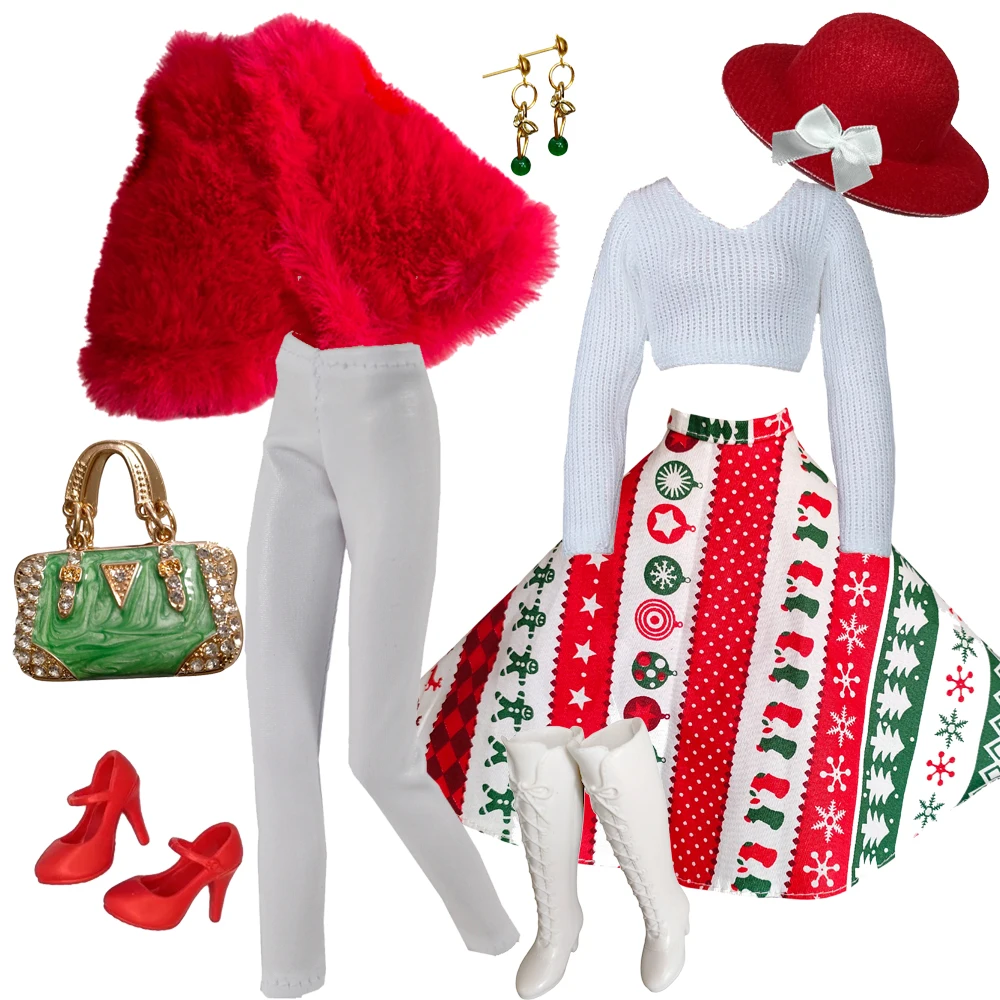 27-30CM Fashion Doll Clothes Red Fur Coat Dress Pants Boots Handmade Outfits for 1/6 Doll Clothing Accessories BJD Doll Clothes