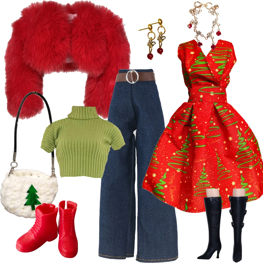 27-30CM Fashion Doll Clothes Red Fur Coat Dress Pants Boots Handmade Outfits for 1/6 Doll Clothing Accessories BJD Doll Clothes