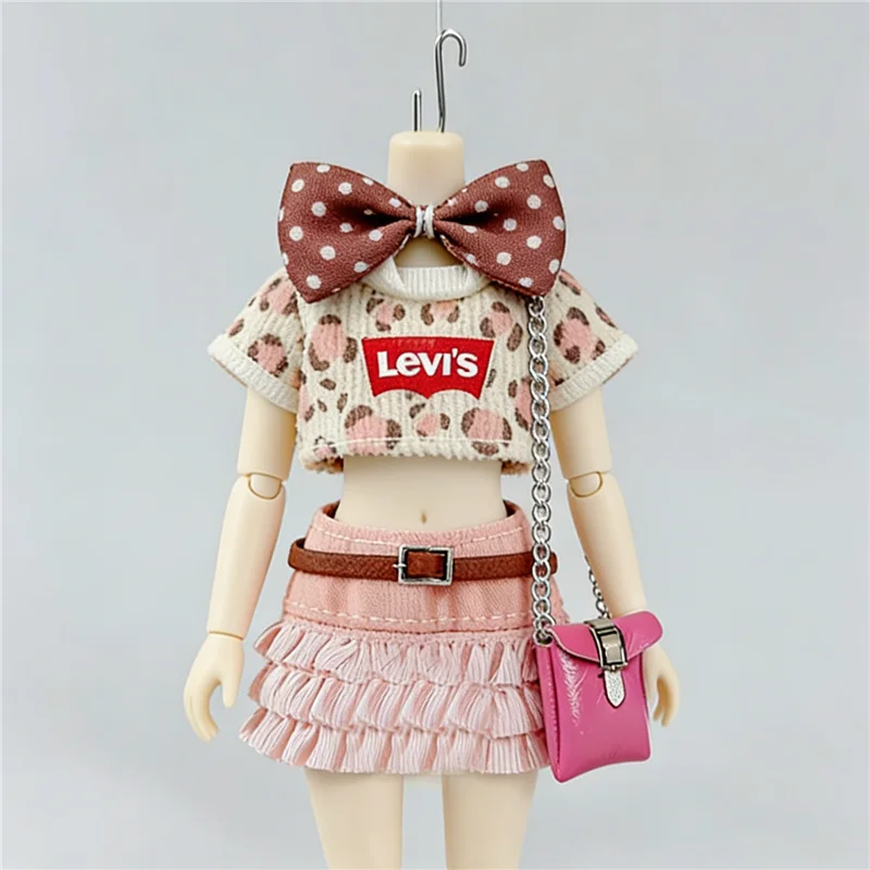 Pastel Harajukuc Style Outfit Clothing For 16 17cm 1/8 BJD OB11 Doll Korean Kawaii Leopard Print Clothes Dress Pants Accessories