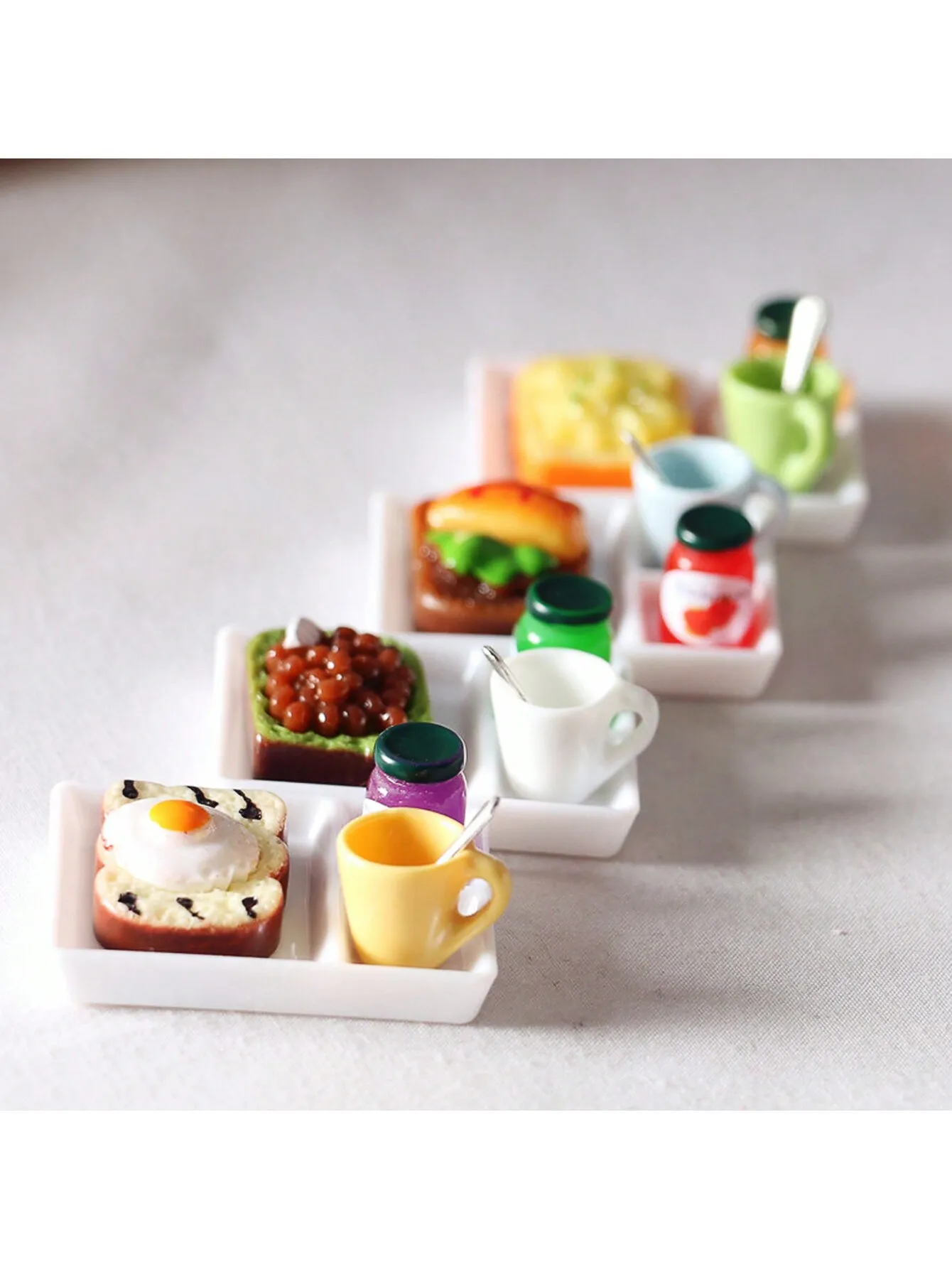 Random 1 set,Dollhouse Miniature Food Set 1:12 Scale Mini Simulation Kitchen Toys, Includes Jam, Toast, Cups, Spoons, Plates,