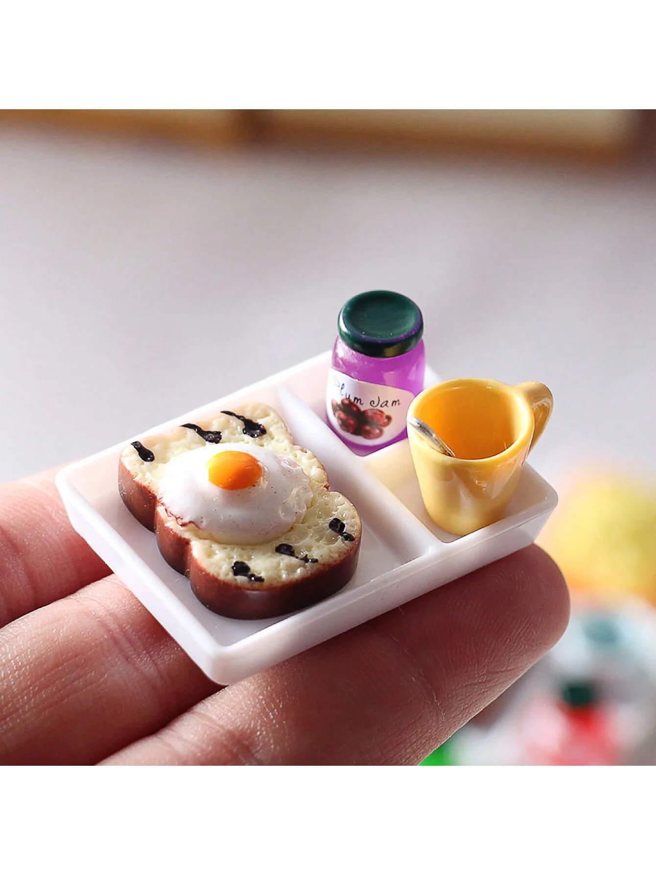 Random 1 set,Dollhouse Miniature Food Set 1:12 Scale Mini Simulation Kitchen Toys, Includes Jam, Toast, Cups, Spoons, Plates,