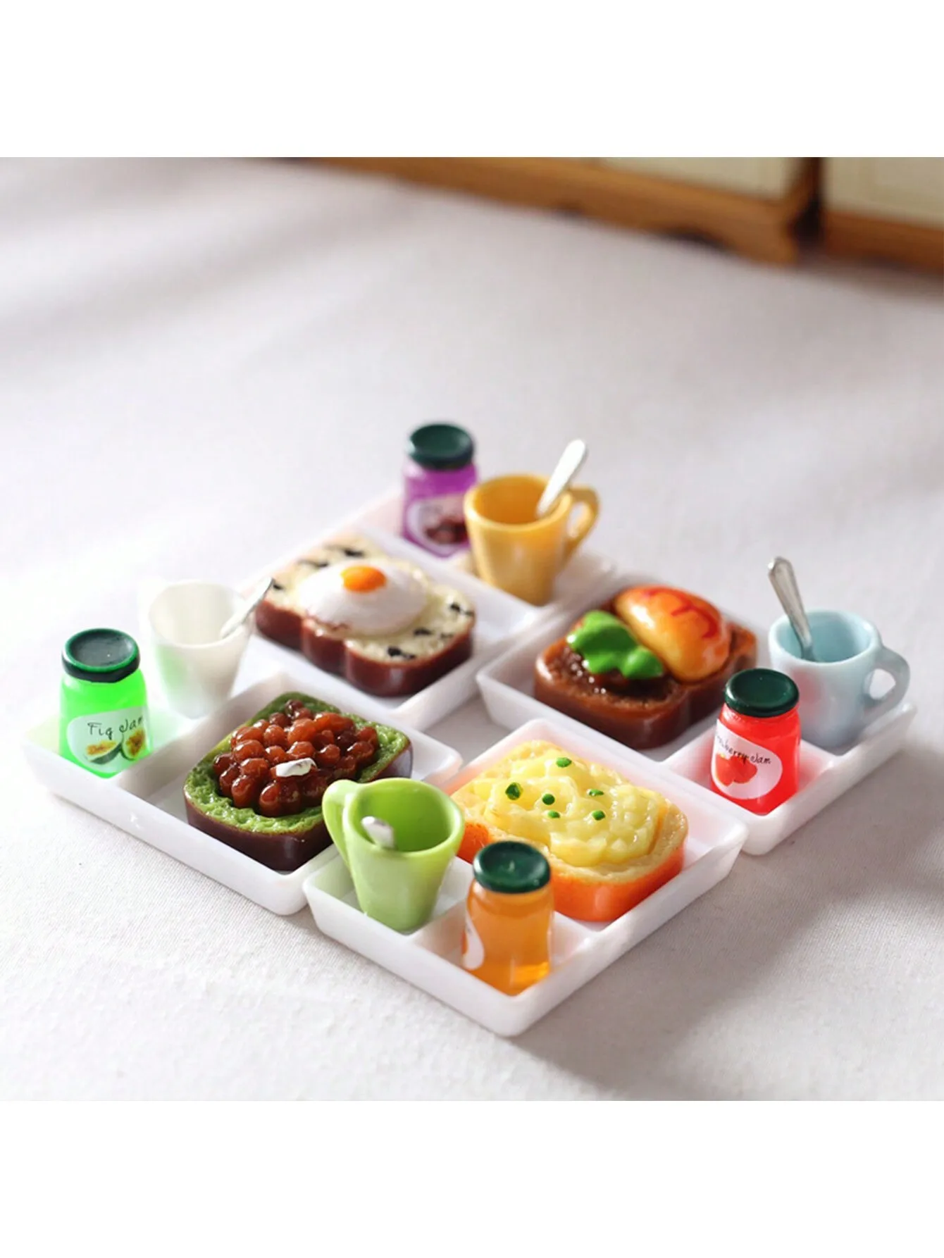 Random 1 set,Dollhouse Miniature Food Set 1:12 Scale Mini Simulation Kitchen Toys, Includes Jam, Toast, Cups, Spoons, Plates,