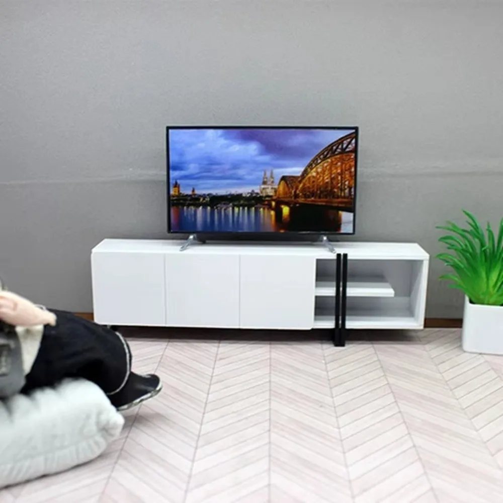 Funny Simulated 1/12 Dollhouse TV with Stand Base Living Room Decor Dollhouse Furniture Small Children's Dollhouse Dccessories