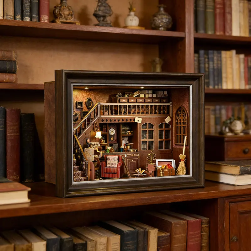 DIY Book Nook Kit 3D Wooden Puzzle LED Light Miniature Dollhouse Bookshelf Insert Photo Frame Ornament Friends Birthday Gifts