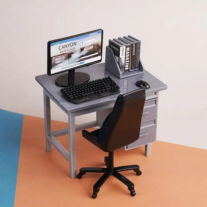 HOT! 1 Set 1/12 Dollhouse Miniature Computer Keyboard Desk Chair Kit Home Study Room Furniture Decor Micro Scene Props