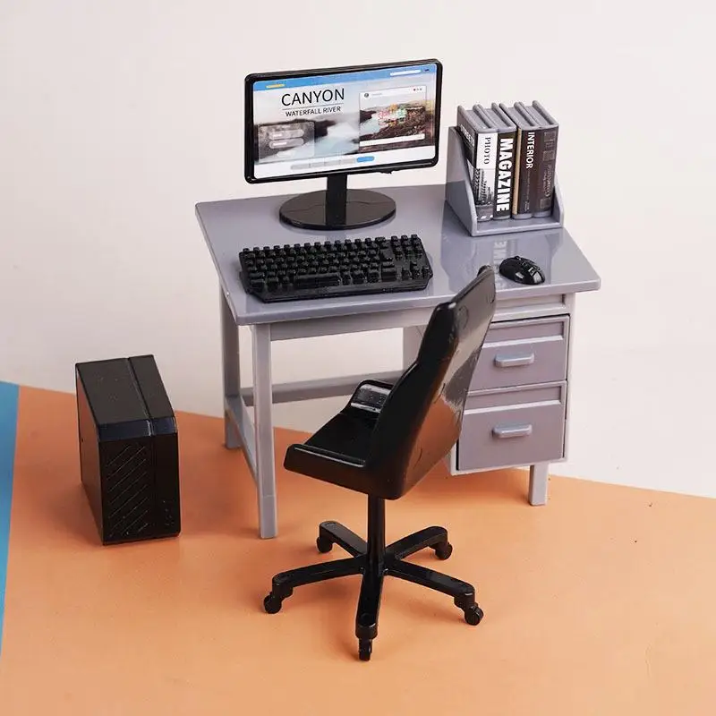 HOT! 1 Set 1/12 Dollhouse Miniature Computer Keyboard Desk Chair Kit Home Study Room Furniture Decor Micro Scene Props