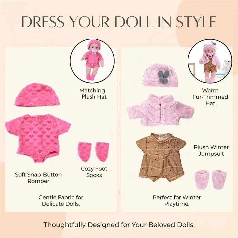 For 12 Inch 30cm Baby Reborn Dolls Outfits Clothes Carry Cot Cartoon Bear Winter Pajamas Jumpsuit Plush Clothing Accessories