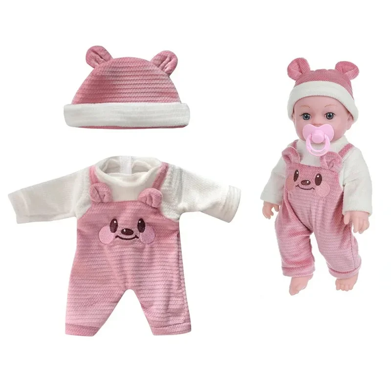 For 12 Inch 30cm Baby Reborn Dolls Outfits Clothes Carry Cot Cartoon Bear Winter Pajamas Jumpsuit Plush Clothing Accessories