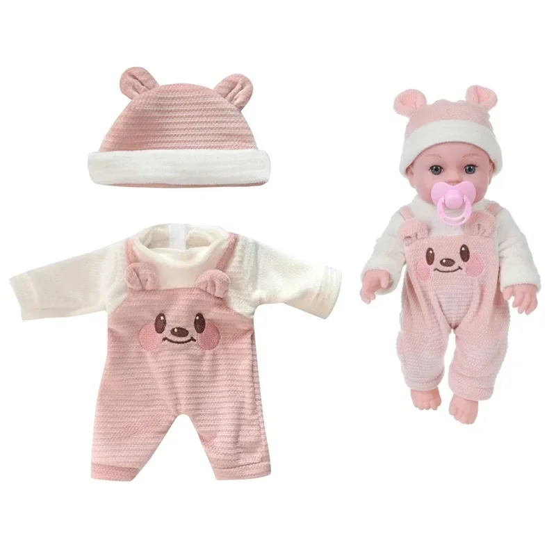 For 12 Inch 30cm Baby Reborn Dolls Outfits Clothes Carry Cot Cartoon Bear Winter Pajamas Jumpsuit Plush Clothing Accessories