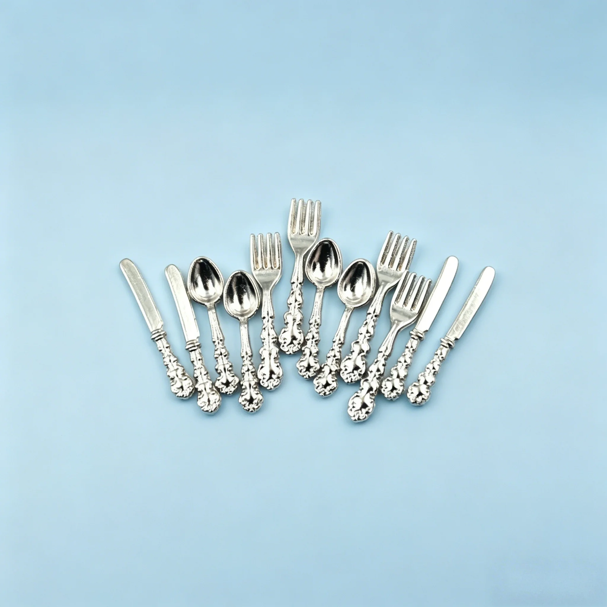 12Pcs 1:12 Scale Mini Dollhouse Cutlery Set, Metal Knife Fork Spoon, Kitchen Furniture Toy