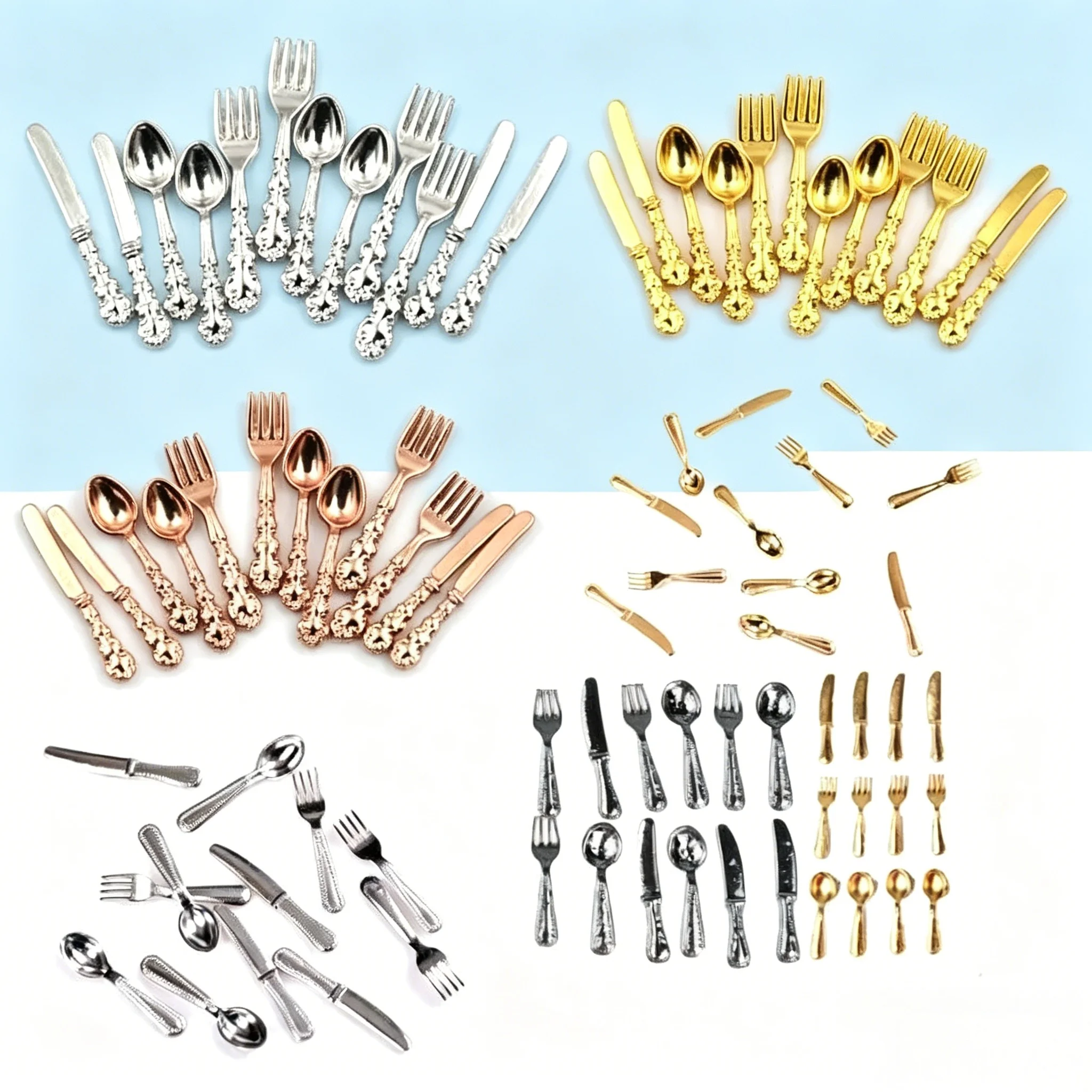 12Pcs 1:12 Scale Mini Dollhouse Cutlery Set, Metal Knife Fork Spoon, Kitchen Furniture Toy
