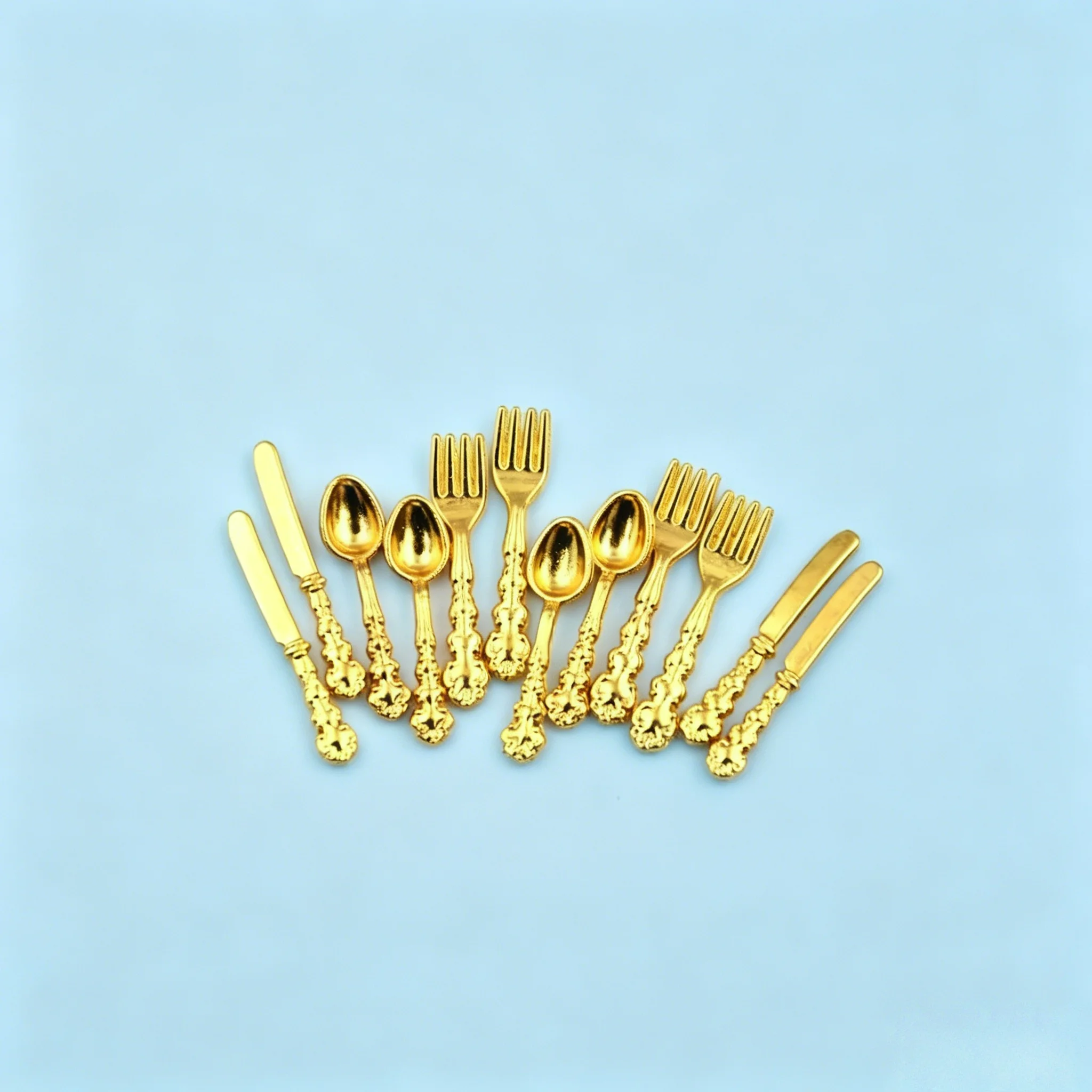 12Pcs 1:12 Scale Mini Dollhouse Cutlery Set, Metal Knife Fork Spoon, Kitchen Furniture Toy