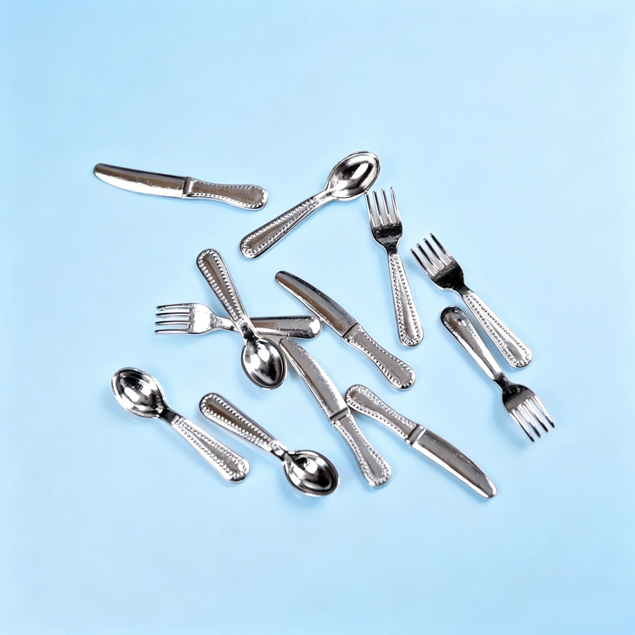 12Pcs 1:12 Scale Mini Dollhouse Cutlery Set, Metal Knife Fork Spoon, Kitchen Furniture Toy