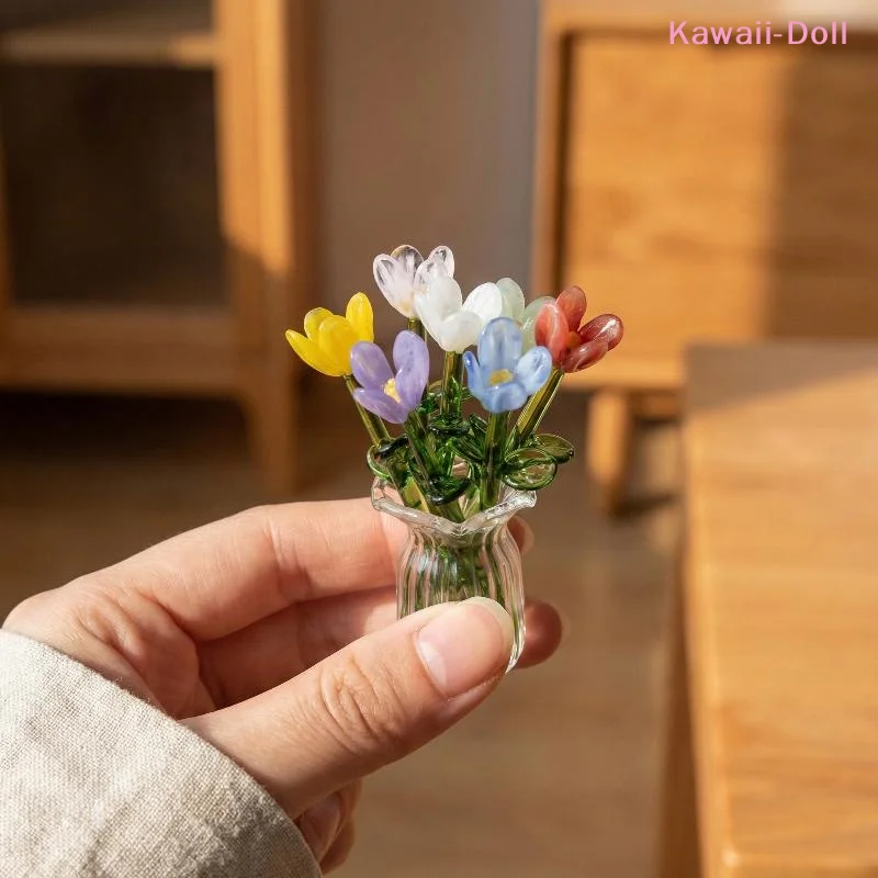 1Set Dollhouse Simulation Mini Flowers Handcrafted Floral Sculpture Floral Bouquet With Vase Lifelike Glass Flowers Gift