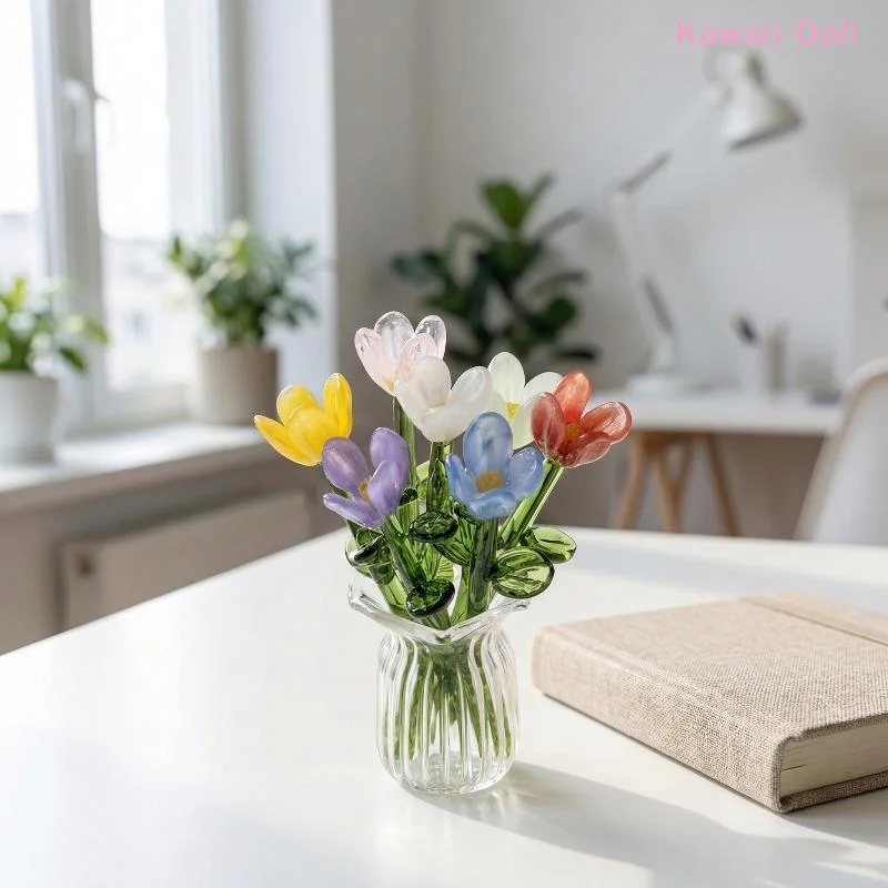 1Set Dollhouse Simulation Mini Flowers Handcrafted Floral Sculpture Floral Bouquet With Vase Lifelike Glass Flowers Gift