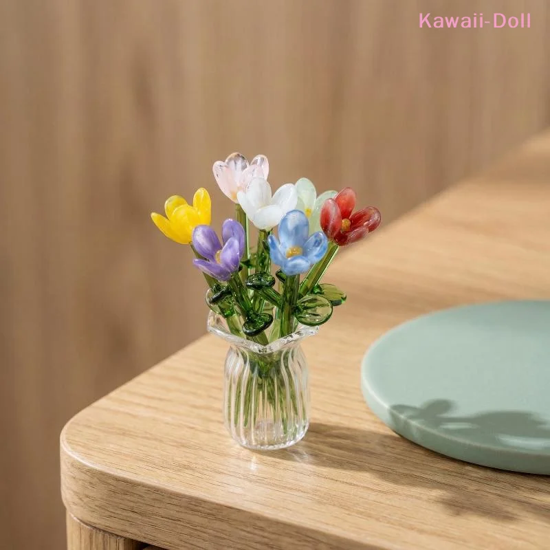 1Set Dollhouse Simulation Mini Flowers Handcrafted Floral Sculpture Floral Bouquet With Vase Lifelike Glass Flowers Gift