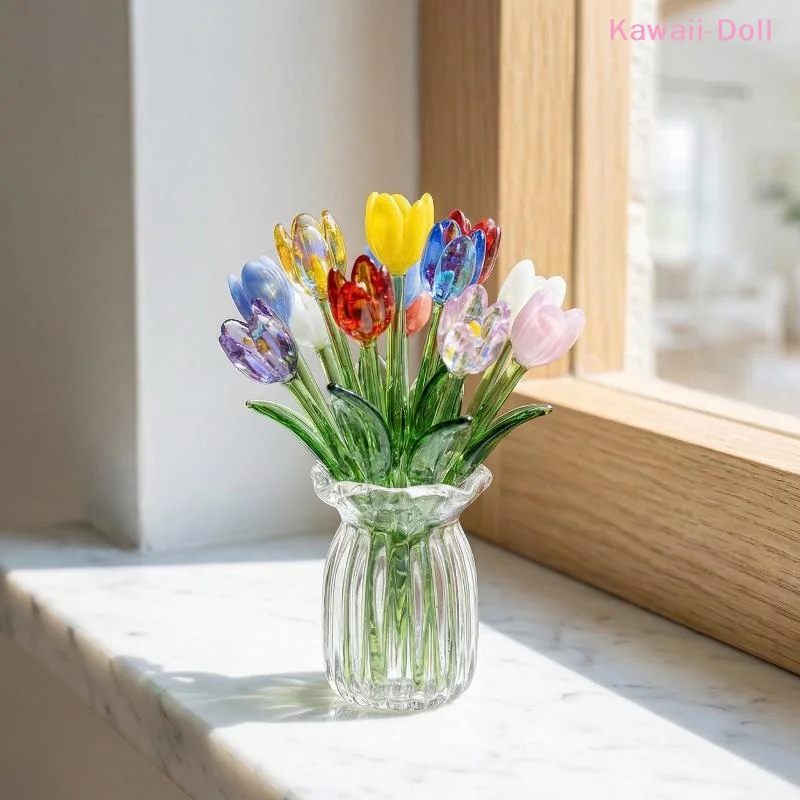 1Set Dollhouse Simulation Mini Flowers Handcrafted Floral Sculpture Floral Bouquet With Vase Lifelike Glass Flowers Gift