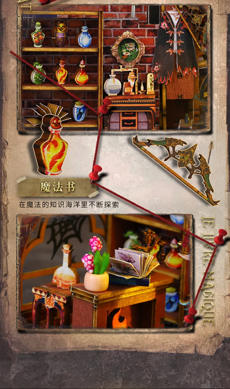 Zuuton Magic DIY Wooden Miniature Dollhouse Kit with LED Light 3D Puzzle Bookshelf Decor Creative Festival Gift for Book Lovers