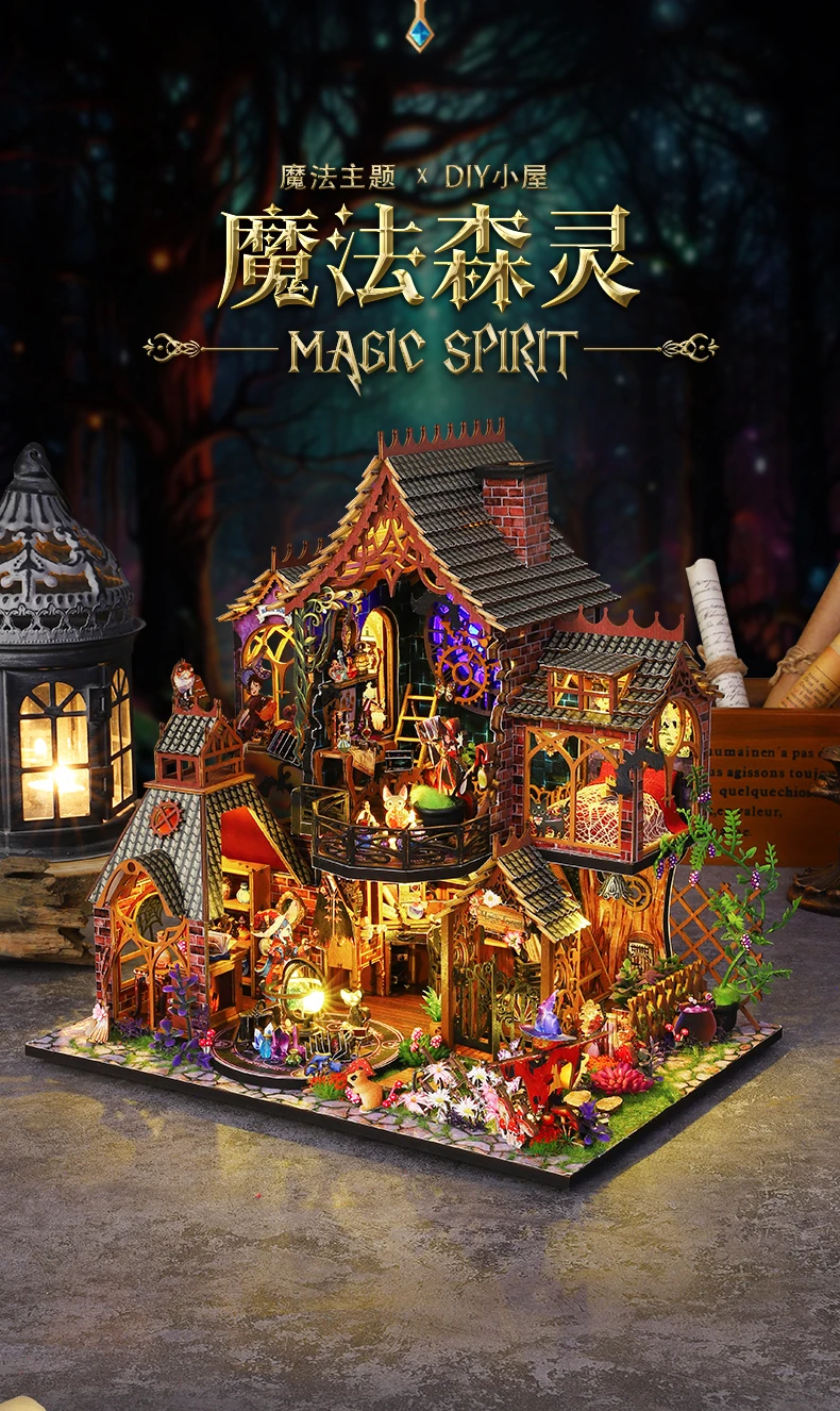 Zuuton Magic DIY Wooden Miniature Dollhouse Kit with LED Light 3D Puzzle Bookshelf Decor Creative Festival Gift for Book Lovers
