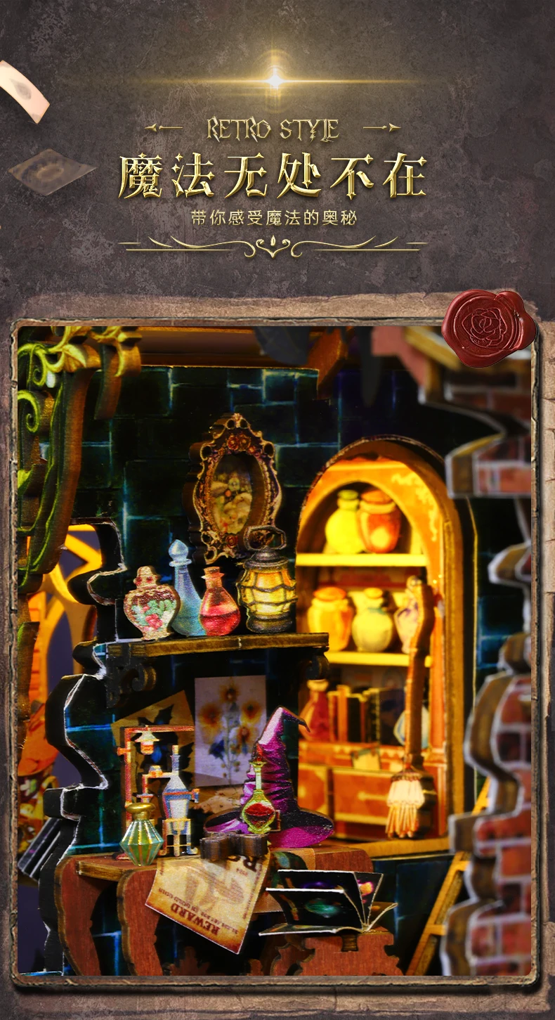 Zuuton Magic DIY Wooden Miniature Dollhouse Kit with LED Light 3D Puzzle Bookshelf Decor Creative Festival Gift for Book Lovers