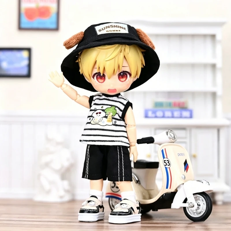 For Obitsu 11 Doll Striped Vest Denim Shorts Hat For OB11 Gsc Asi 2.0 1/12 Molly P9 P10 Body Doll Cloth NAGI Doll Outfit Clothes