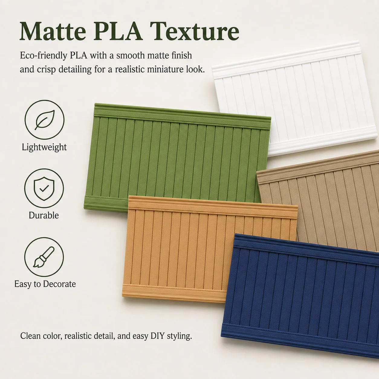 1:12 Dollhouse Wainscoting Panels Miniature Wall Decor, Matte PLA Glue-On Beadboard Trim, 5 Colors for DIY Dollhouse Rooms