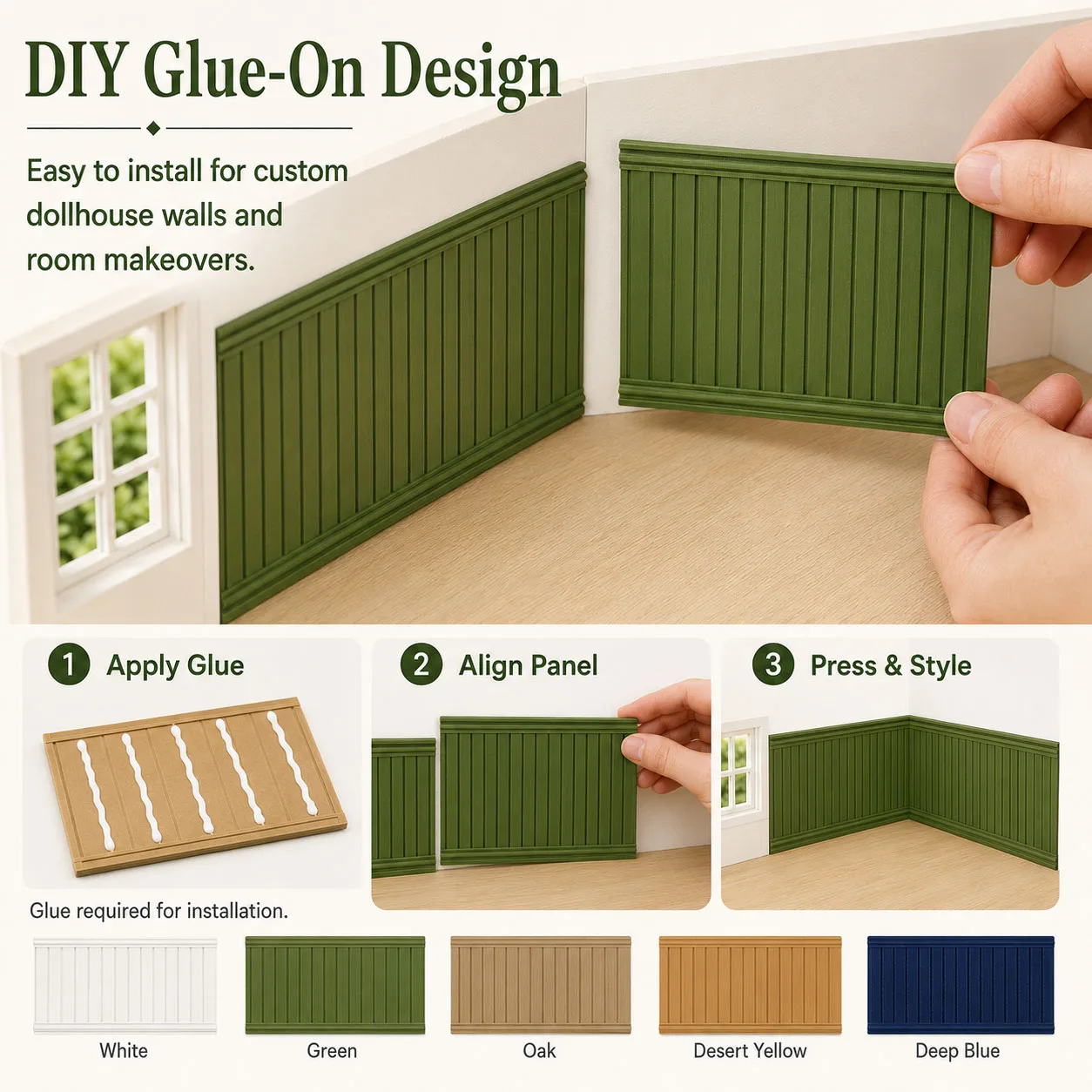 1:12 Dollhouse Wainscoting Panels Miniature Wall Decor, Matte PLA Glue-On Beadboard Trim, 5 Colors for DIY Dollhouse Rooms