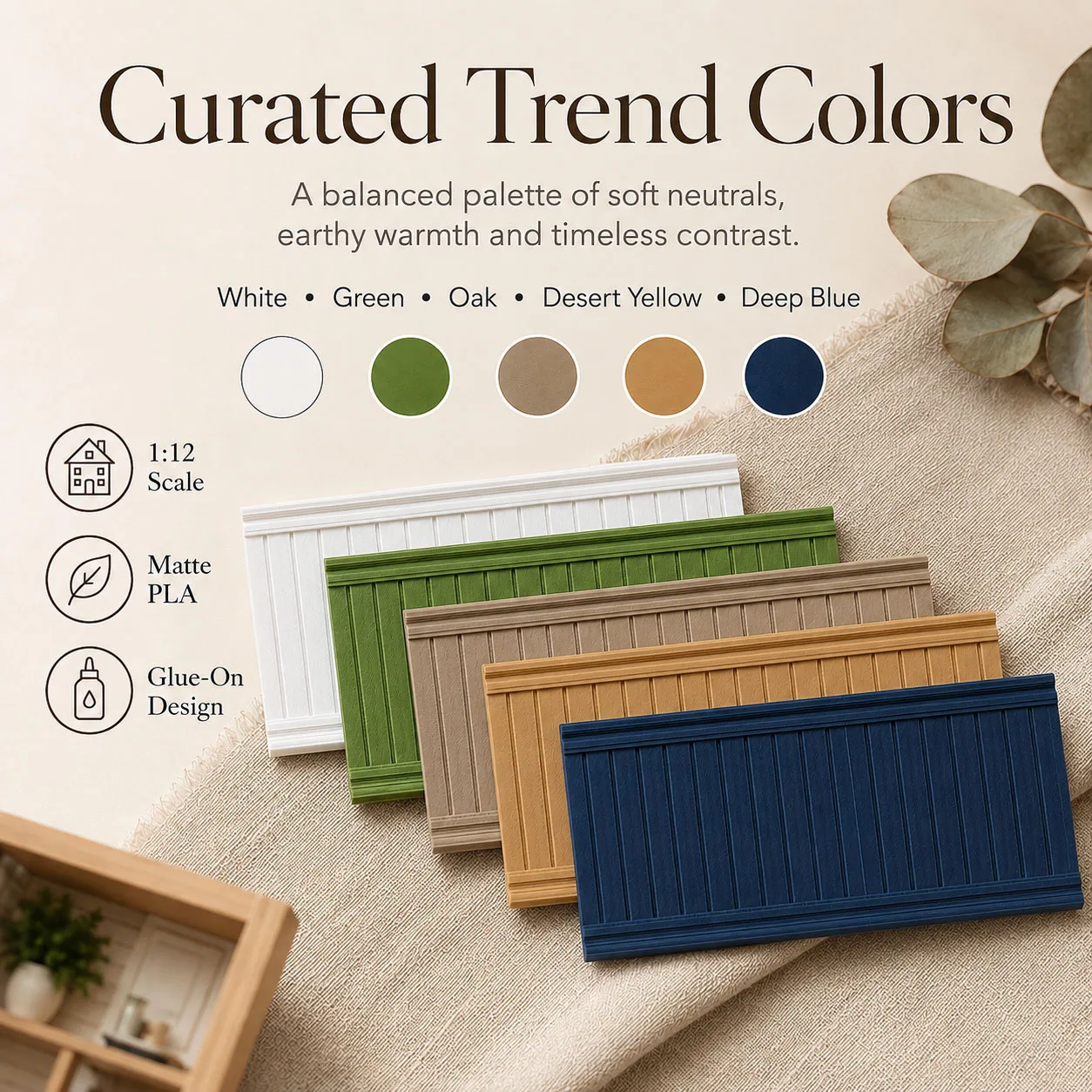 1:12 Dollhouse Wainscoting Panels Miniature Wall Decor, Matte PLA Glue-On Beadboard Trim, 5 Colors for DIY Dollhouse Rooms