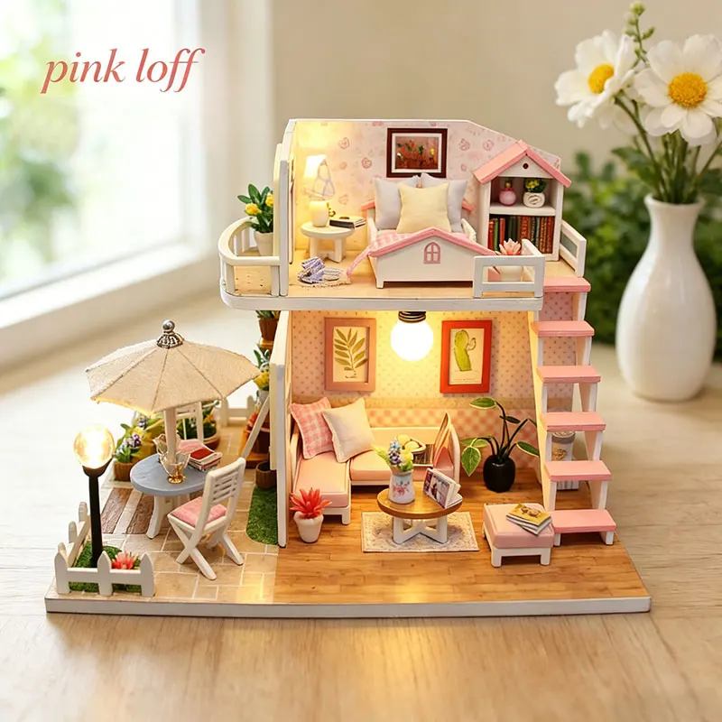 Pink DIY Miniature Dollhouse Kit 2-Level Sweet Home with LED Light Outdoor Patio Creative Handmade Model for Birthday Gift