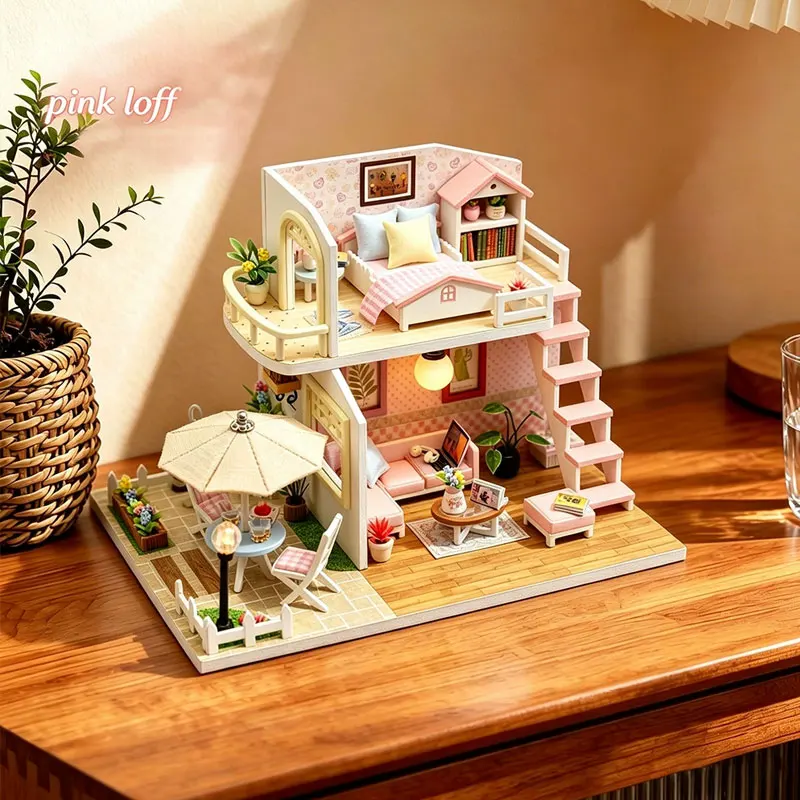 Pink DIY Miniature Dollhouse Kit 2-Level Sweet Home with LED Light Outdoor Patio Creative Handmade Model for Birthday Gift