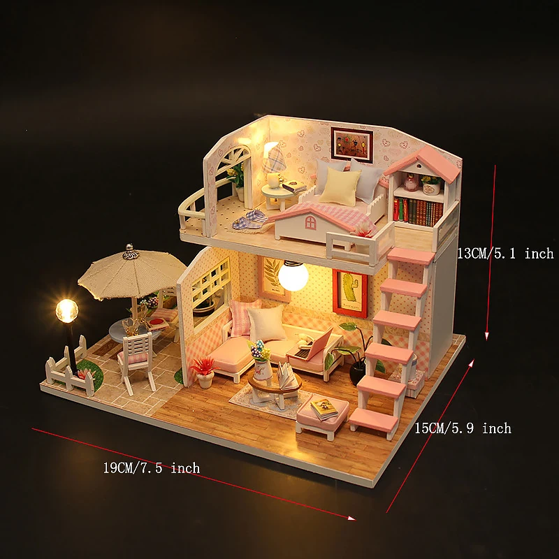 Pink DIY Miniature Dollhouse Kit 2-Level Sweet Home with LED Light Outdoor Patio Creative Handmade Model for Birthday Gift