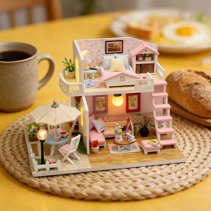 Pink DIY Miniature Dollhouse Kit 2-Level Sweet Home with LED Light Outdoor Patio Creative Handmade Model for Birthday Gift