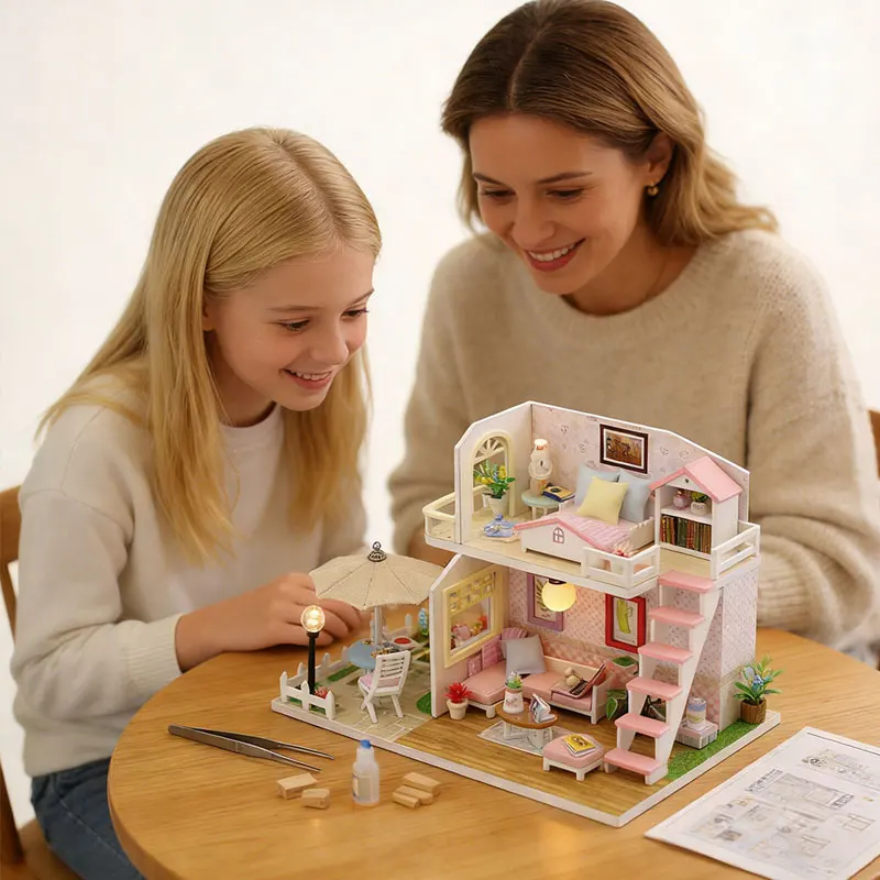 Pink DIY Miniature Dollhouse Kit 2-Level Sweet Home with LED Light Outdoor Patio Creative Handmade Model for Birthday Gift