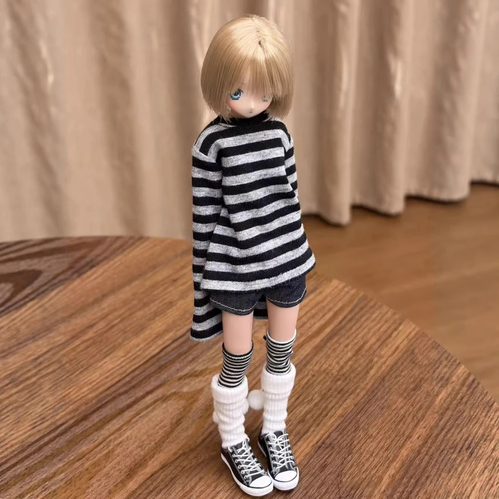 1/6 Doll's Clothes Suit for Azone/ob22/blyth Doll Striped Top and Denim Shorts Set Casual Outfit Toys Doll Accessories, No Doll