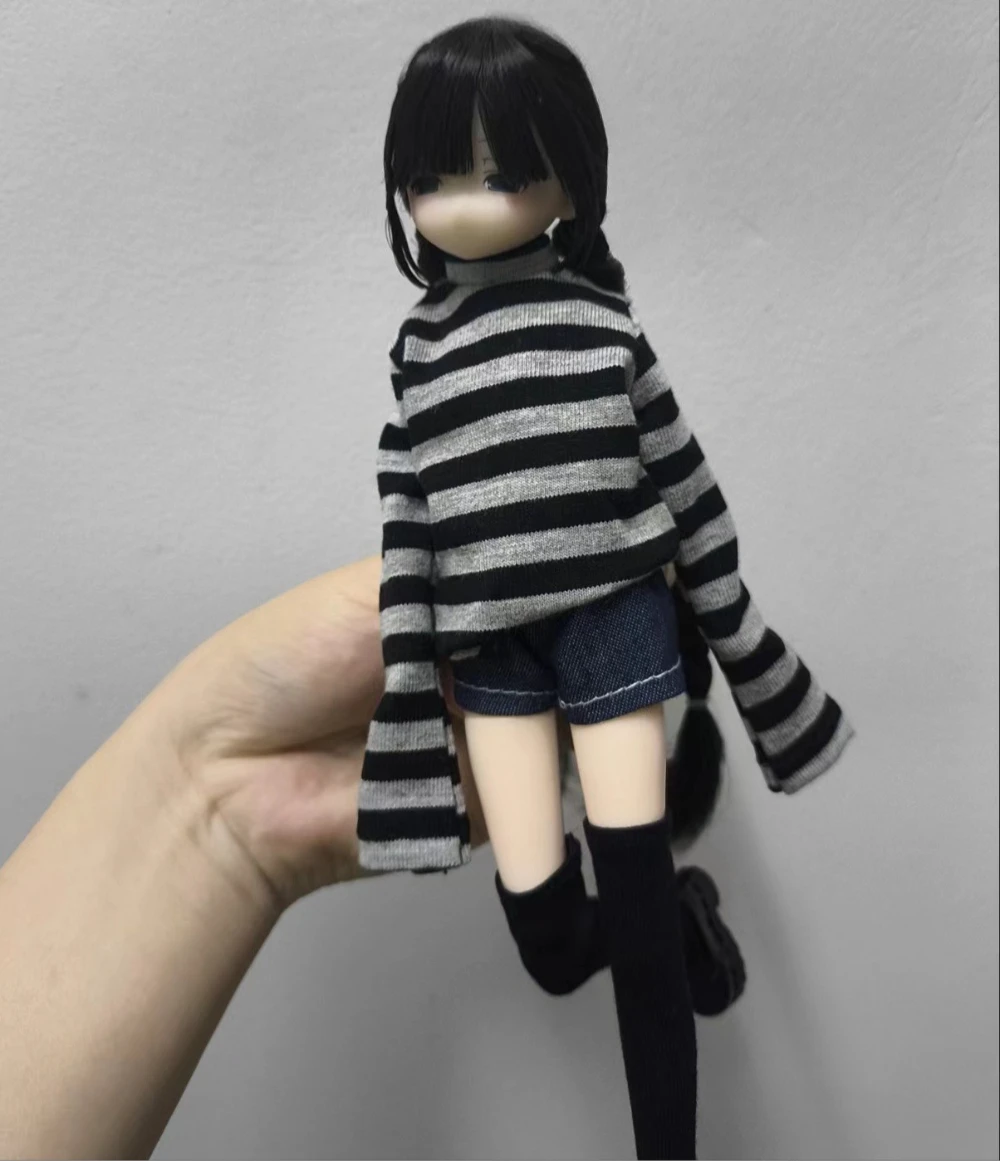 1/6 Doll's Clothes Suit for Azone/ob22/blyth Doll Striped Top and Denim Shorts Set Casual Outfit Toys Doll Accessories, No Doll