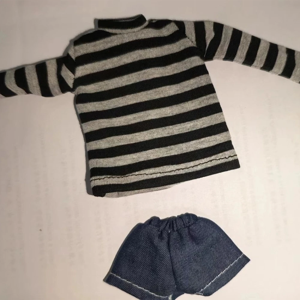 1/6 Doll's Clothes Suit for Azone/ob22/blyth Doll Striped Top and Denim Shorts Set Casual Outfit Toys Doll Accessories, No Doll