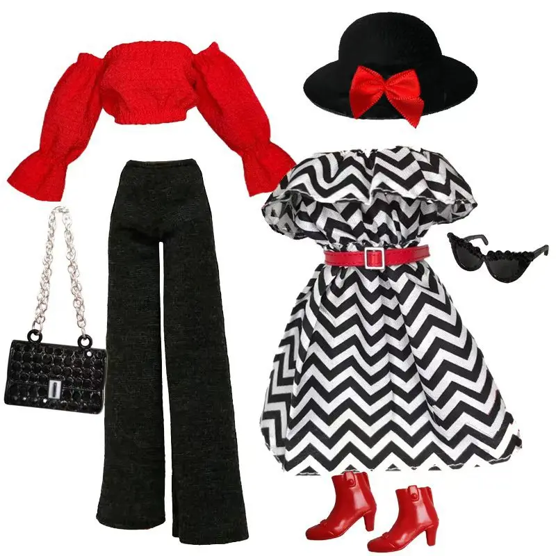 1/6 Doll Clothes Parts Red Classic 9 Style Clothes+Dress+Trousers+Shoes+Bag Set For Babi Xianxian Supermodel Doll Dress Up