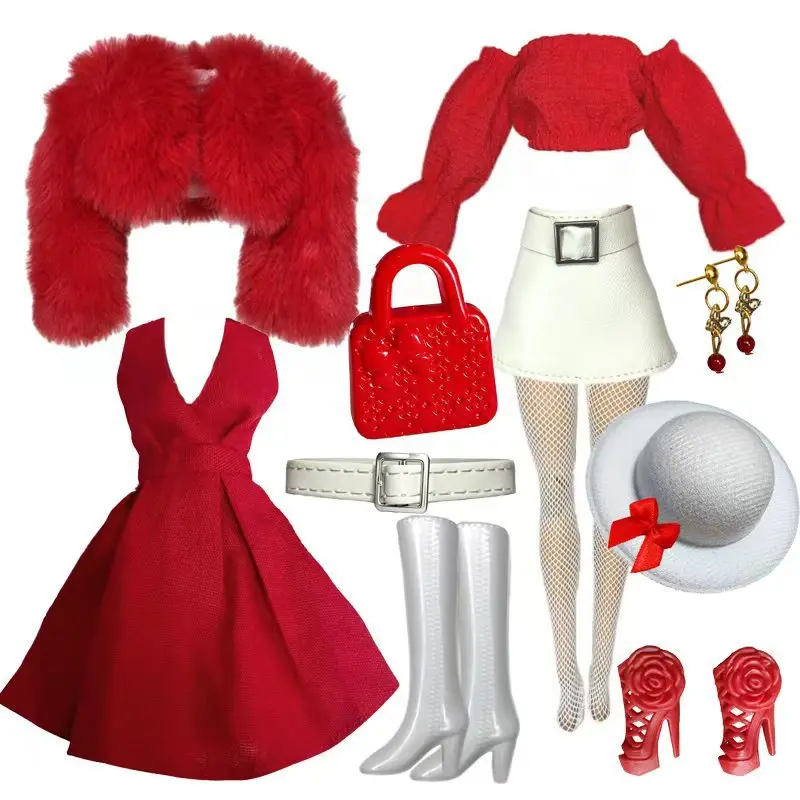 1/6 Doll Clothes Parts Red Classic 9 Style Clothes+Dress+Trousers+Shoes+Bag Set For Babi Xianxian Supermodel Doll Dress Up