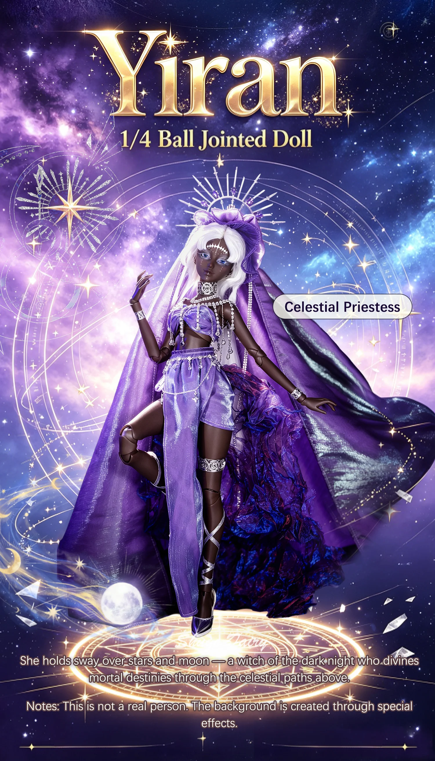 ShugaFairy BJD 1/4 Yiran D Fullset Tan Skin Gypsy Star Diviner Purple Moon Theme Resin Halo Handmade Resin FC Ball Jointed Doll